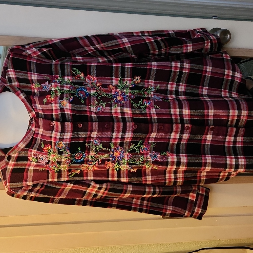 Cato Multicolor Plaid Blouse with Floral Embroidery